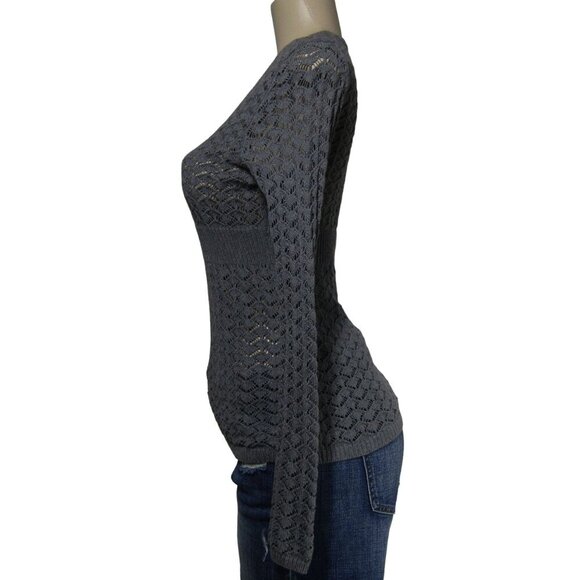 ANN TAYLOR LOFT S P Y2K CROCHET Open Knit Pointelle Henley Sweater Top Gray - Picture 4 of 10